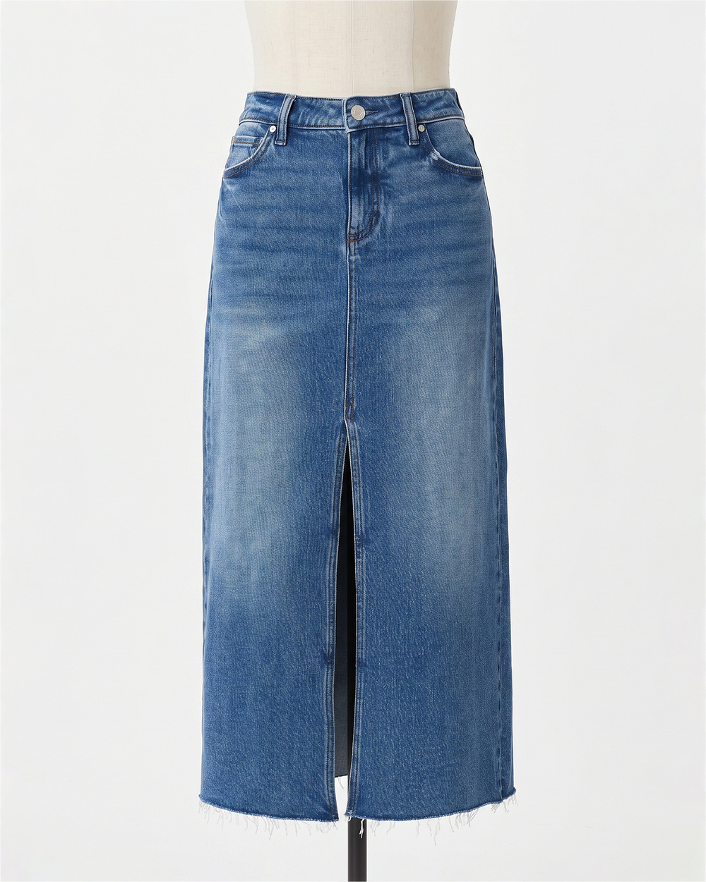 Stretch Denim 5-Pocket Midi Skirt